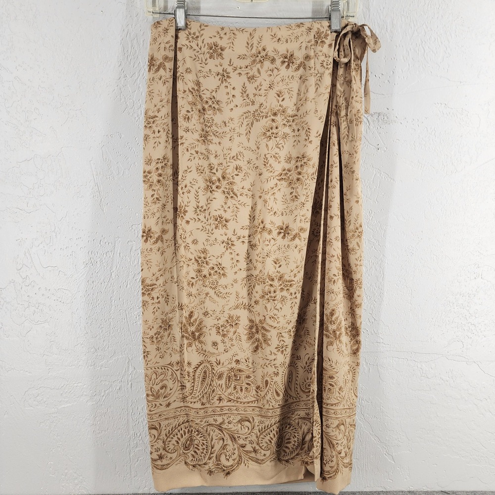 Talbots 14P Tan Floral Paisley Pure Silk Wrap Midi Skirt Cottagecore Womens